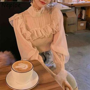 Elegante Holzohr-Design Slim Fit Bluse Frauen Flare Langarm Pullover Solide Blusas Frühling Strick Patch Shirt 210422