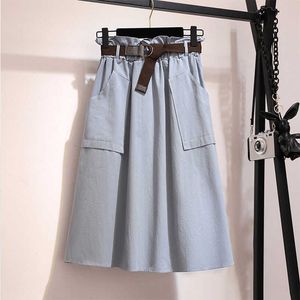 Midi Knee Length Summer Skirt Women With Belt Spring Casual Cotton Solid High Waist Sun School Skirt Female 210527