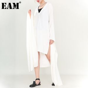 [EAM] Женщины белые ленты нерегулярные спины длинное платье V-образным вырезом с длинным рукавом свободные подходит для моды весна лето 1U68500 210512