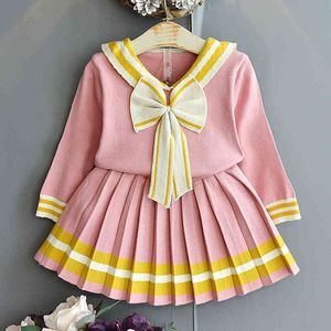 Estilo Preppy Infantil Infantil Meninas de Manga Longa Linda Laço Camisola + Skirt Roupas Conjuntos Kids Girl Girl Terno roupas 210429