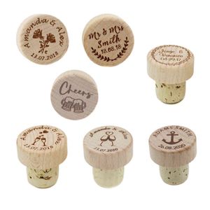 50 pçs rolha de vinho de madeira gravada personalizada a laser rolha de garrafa para presente rolha de presente decoração de festa de casamento favor brindes nome G0911