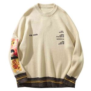 LACIBLE Hip Hop Sweater Pullover Men Van Gogh Painting Embroidery Knitted Sweater Harajuku Streetwear Tops Casual Pullover 210909