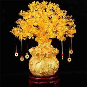 19cm Natural Crystal Tree Money Tree Ornaments Bonsai Style Wealth Luck Feng Shui Ornaments Home Decor(with Gold Coins and Base) 210727
