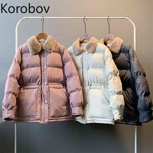 Korobov Winter Coat Korean Solid Fur Turn-Down Collar Single Breasted Jackets Vintage Drawstring Slim Adjustable Parkas 79021 210430