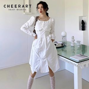 White Puff Sleeve Long Ruched Dress Women Square Neck Ruffles Tunic A Line Designer Winter Korean Fashion 210427