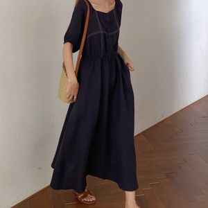 Kvinnor Navy Vintage Bright Line Decoration Shirring Dress Square Collar Kort Puff Sleeve Fashion Summer 2F0562 210510