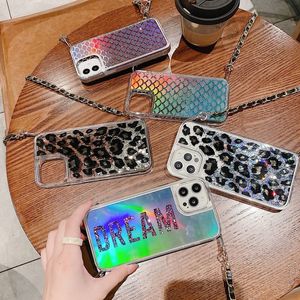 Laser sonho leopardo leopardo escala glitter bling liquid casos fluindo flutuante macio tpu pára-choque hard clear capa para iphone 12 11 pro max 8 7 6 6s mais com cinta longa