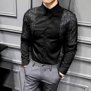 Rahat Erkekler Gömlek Uzun Kollu Pullu Siyah Beyaz Slim Fit Üst Bluz Gece Kulübü Parti Bar Streetwear Sosyal Elbise Gömlek 210527