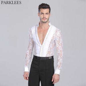 Mäns Professionella Latin Lace T Shirts Deep V Neck Tuxedo Leotardskjorta Man Långärmad Salsa Samba Chacha Modern Dance Chemise 210522