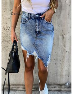 Ny kvinna trendig retro tvättad oregelbunden denim kjol kvinnlig sommar hög midja denim kjolar elastiska bodycon hip jeans x0428