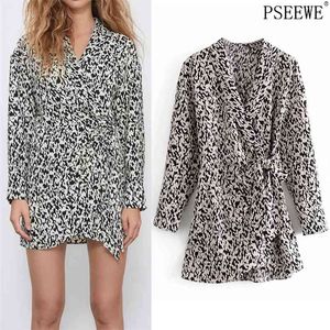 Animal imprimido preto branco playsuit vestido mulheres envoltório amarrado manga longa mini mulher vintage feminina es 210519