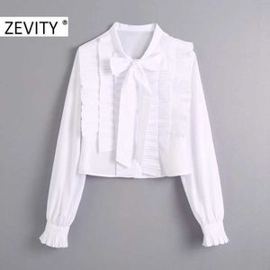 Zevity Kobiety Moda Bow Collar Press Plisowane Ruffles Casual Smock Chic Bluzka Ladies Poplin Roupas Femininas Koszulki Topy LS7253 210603 \ t