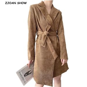 Autumn Winter Corduroy Tie Bow Trench Elegant Women Lapel Long Sleeve Slim Fit Irregular Coat Outerwear 210429