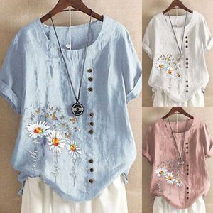 プラスサイズのリネンブラウスシャツ女性ファッション花柄トップスとブラウス夏ヴィンテージoネックルーズBlusas 5xl女性のシャツ