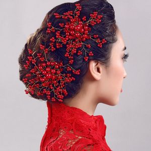 FORSEVEN 1Pc Red Pearl Crystal Women Hair Combs Jewelry Bride Tiaras Headpiece Hair Jewelry Wedding Bridal Hair Accessories JL