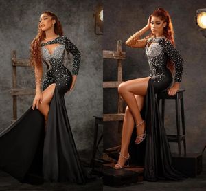 Crystals Rhinestones Sparkly Evening Dresses Mermaid Long Sleeves Vintage Black Women Prom Party Gowns Hollow Out Sexy High Slits Formal Vestidos De Festa AL9939