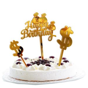 Outros suprimentos festivos de festas Glitter Bolo Decoração de Ouro Dólogo Dólar Dólar Bolsa Feliz Aniversário Inserção de Cartão Acrílico Criança