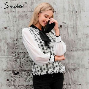 Elegant pläd Tweed Kvinnor Blus Vår Sommar Neck Slips Blusar Skjorta Vintage Arbete Slitage Ol Loose Kvinna Toppar 210414