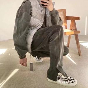 Men's High Street Side opening Pants Overalls Patchwork Vintage Grey Loose Trousers Men Womens Superior Casual Pant