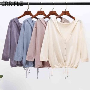 Summer Thin Knitted Hooded Cardigans Sweater Women Casual Solid Single Breasted Top CRRIFLZ 210520