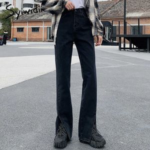 Syiwidii ​​Женские джинсы черные вспышки брюки передней боковой щель для ноги весна высокого талии колокол джинсы полная длина джинсовая одежда 210616