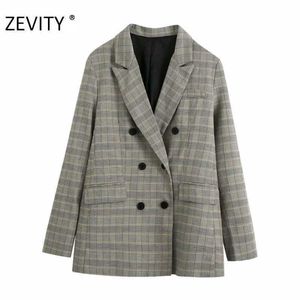Zevity donna chic stampa scozzese per il tempo libero blazer cappotto da donna manica lunga doppiopetto casual slim outwear abiti top CT585 210603
