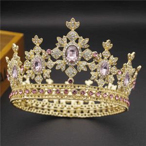 Royal Queen King Crown Bridal Tiara Round Diadem Wedding Crown Crystal Pink Light Gold Bride Wedding Hair Jewelry Ornaments X0726