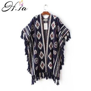 H.SA Mulheres Oversized Knit Jumpers Vintage Gemertric Tassel Batwing Manga Solta Camisola Poncho Jacket 210417