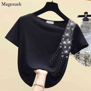 Camicia donna a maniche corte tinta unita Top Abbigliamento donna casual Estate Slash Neck Diamanti Maglia nera Camicetta Femme Blusas 10016 210512