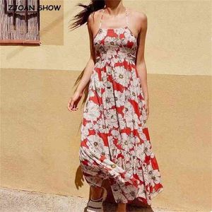 Bohemian Ruched Elastic Floral Print Backless Boho Dress Holiday Woman Cross Spaghetti Strap Klänningar Strand Sling Vestidos 210429