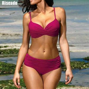 Riseado Push Up Bikini Set Vinho Vermelho Swimwear Mulheres Swimsuit Mulheres Ruched Ternos de Banho Strap S Sexy Verão Torcido 210625