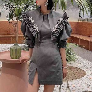 Szary Split Mini Dress Dla Kobiet O Neck Puff Długim Rękawem Wysoka Talia Patchwork Diamond Slim Sukienki Kobiet Spring 210520