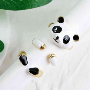 3 stks set schattig dier zwart wit emaille panda ringen voor vrouwen hoge kwaliteit gouden kleur metalen koperen verstelbare ring sieraden cadeau