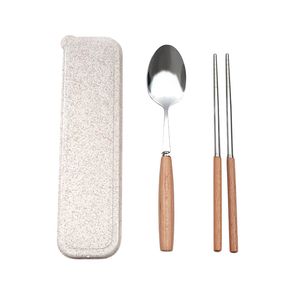 Stainless Steel Chopsticks and Spoons Set Wooden Handle Student Scoop Box Outdoor Travelling 2pcs Tableware