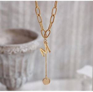 Fashion Jewelry Boho Link Chains Gold Stainless Steel Letter Necklace Long Chain Alphabet M Coin Pendant Choker Necklaces