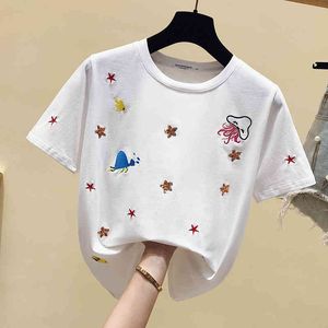 Korean style Women's Sequin Embroidery Cotton Short Sleeves T-Shirt Summer Tee Girls Ladies Pullover Casual Tops Tees A2549 210428