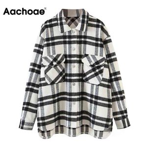 Aachoae Casual Loose Wool Plaid Jacket Women Vintage Batwing Long Sleeve Pockets Coat Outerwear Turn Down Collar Shirt Jackets 210413
