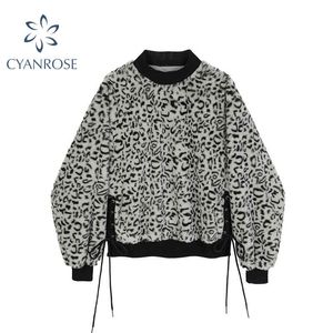 Felpa leopardata autunno inverno donna manica lunga oversize streetwear moda casual donna allentata pullover con cappuccio top 210417