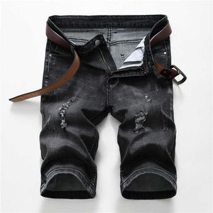 Nowe Czarne Ripped Denim Spodenki Rozciągliwe Dżinsy Męskie Capri Koreański Chude Męskie Męskie Proste Fit Bermuda Oddychające Dżinsowe Szorty Męskie X0621