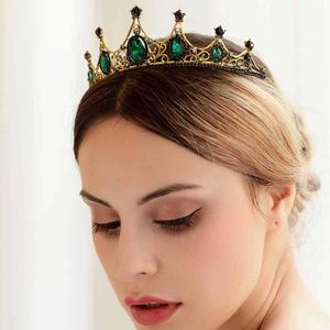 Forseven Barok Vintage Green Crystal Crown Tiaras Wedding Bridal Włosów Akcesoria Kwiat Tiara Headpieces Tocados Para Novia 210616