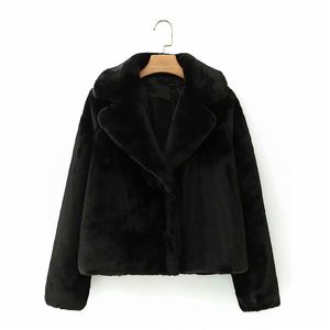 Streetwear Women Black Faux Furrockar Vinter Mode Ladies Slå ner Krage OuterCoat Causal Kvinna Knapp Tjock Coat 210427