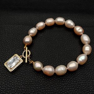 YYGEM 8 '' rosa ris sötvatten pärla sträng armband cubic zirconia rektangel pavel växla lås söt för kvinnor