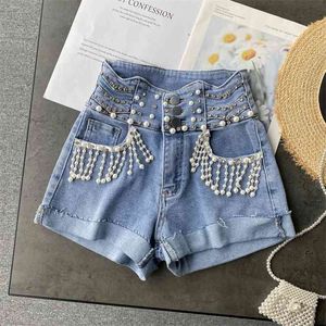 Women Fashion Retro Studded Beaded Tassel High Waist Slim Wide-leg Jeans Shorts Clothing Sexy Denim S019 210527