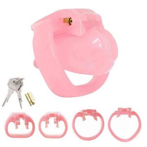 NXY Cockrings Pink Resin HT V4 Man Chastity Device med 4 Penis Ring Plastkuk Cage Bondage Fetish Belt Sexleksaker för män 1206