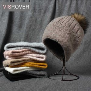 VISROVER 10 Coniglio Cashmere unisex Donna Cappello invernale con intreccio Berretti autunnali Pompon Warm Wool Skullies Gift 211119