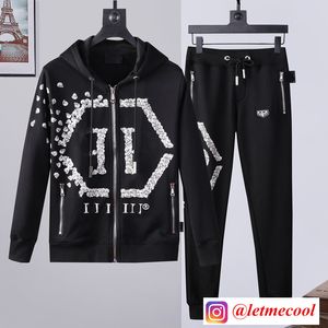 Мужская куртка белые буквы PP горячее бурение Plein Trend Fashion Skull Head Slim Sweater Cotton Hoodie All-Match Комфортный топ-новый костюм Стаж спортивной одежды #00011