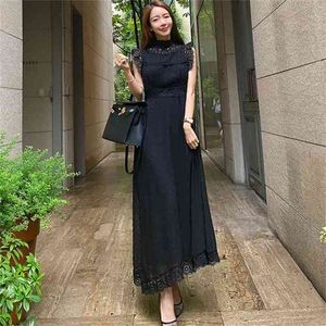 صيف الموضة Maxi Dresses Women's Hollow Out Lace Patchwork Ruffles Oblessed Black Chiffon Party Party 210519