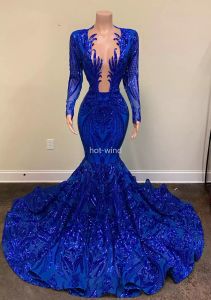 Shiny Long Evening Dresses 2022 Sexy Mermaid Long Sleeve Sheer Neckline Royal Blue Mermaid African Black Girls Prom Gala Gowns EE