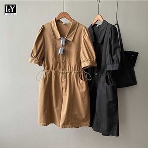 LY Varey Lin Summer Women Casual Single Breasted Slostring Elastyczne Talii Kombinezon Styl Narzędzia Puff Sleeve High Spodenki 210526