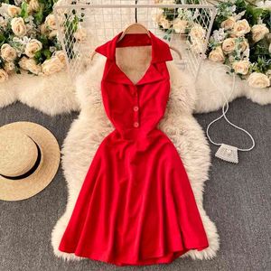 Korea's Summer dress for women v-neck halter neck big leaky back slim fashion elegant mini A-Line Button vestidos 210420